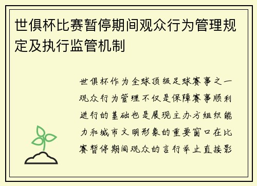 世俱杯比赛暂停期间观众行为管理规定及执行监管机制