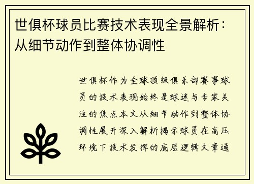世俱杯球员比赛技术表现全景解析：从细节动作到整体协调性